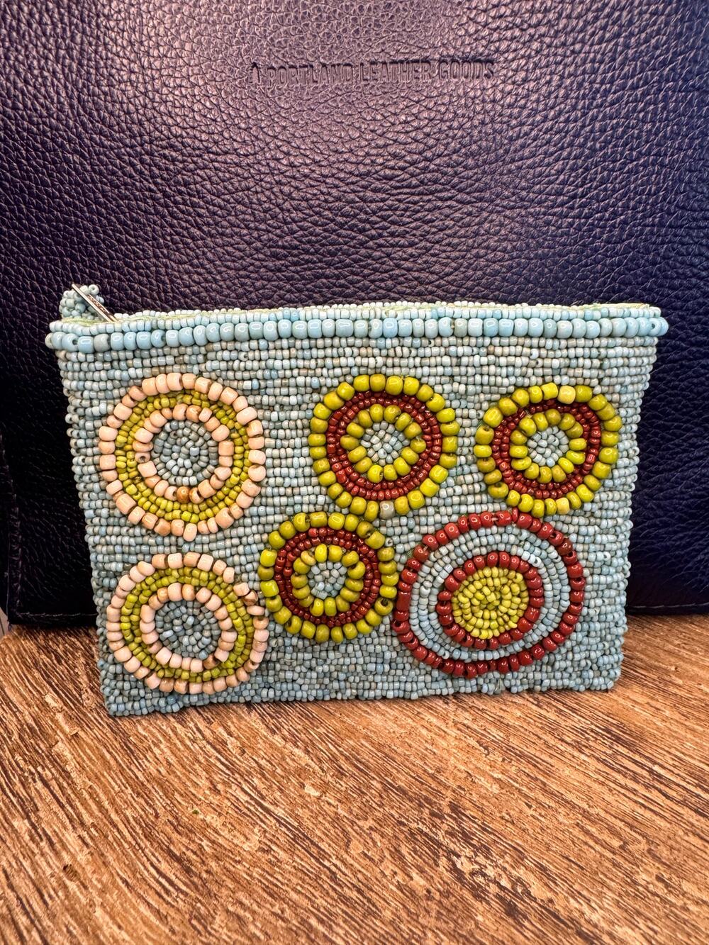 Beaded Funky Boho Blue Green Coin Purse Womens Travel Wallet FAST SHIP